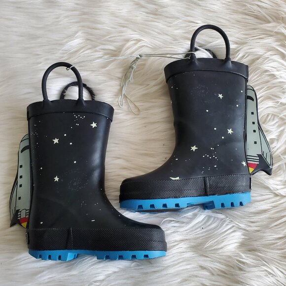 Carter's Kid's Black/Blue 4-D Space Rocket Waterproof Rain Boots SZ 4 - Picture 1 of 11